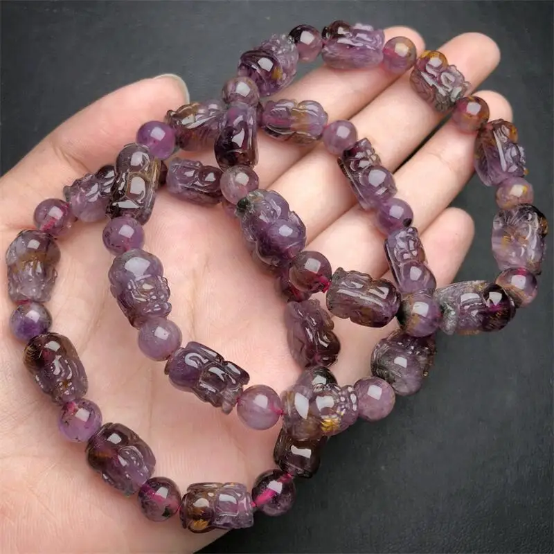 9MM Natural Purple Rutilated Quartz Pixiu Bracelet Charms Handmade Fortune Energy Mineral Woman Amulet Jewelry Gift 1PCS