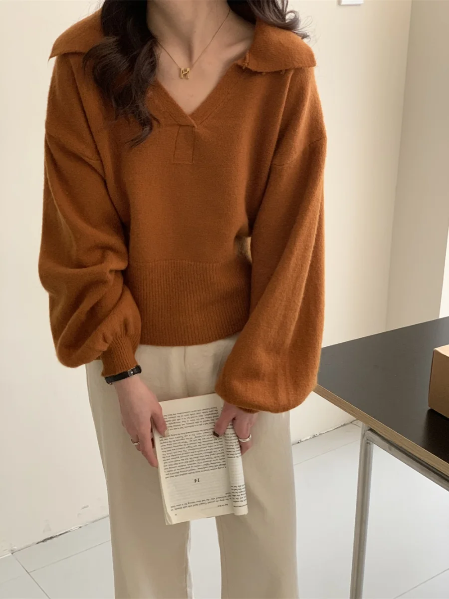 Heavyweight  Collar Knitwear Loose Women's Turn-down Collar Sweater Pure Color Outerwear Comfortable Straight-cut Sle