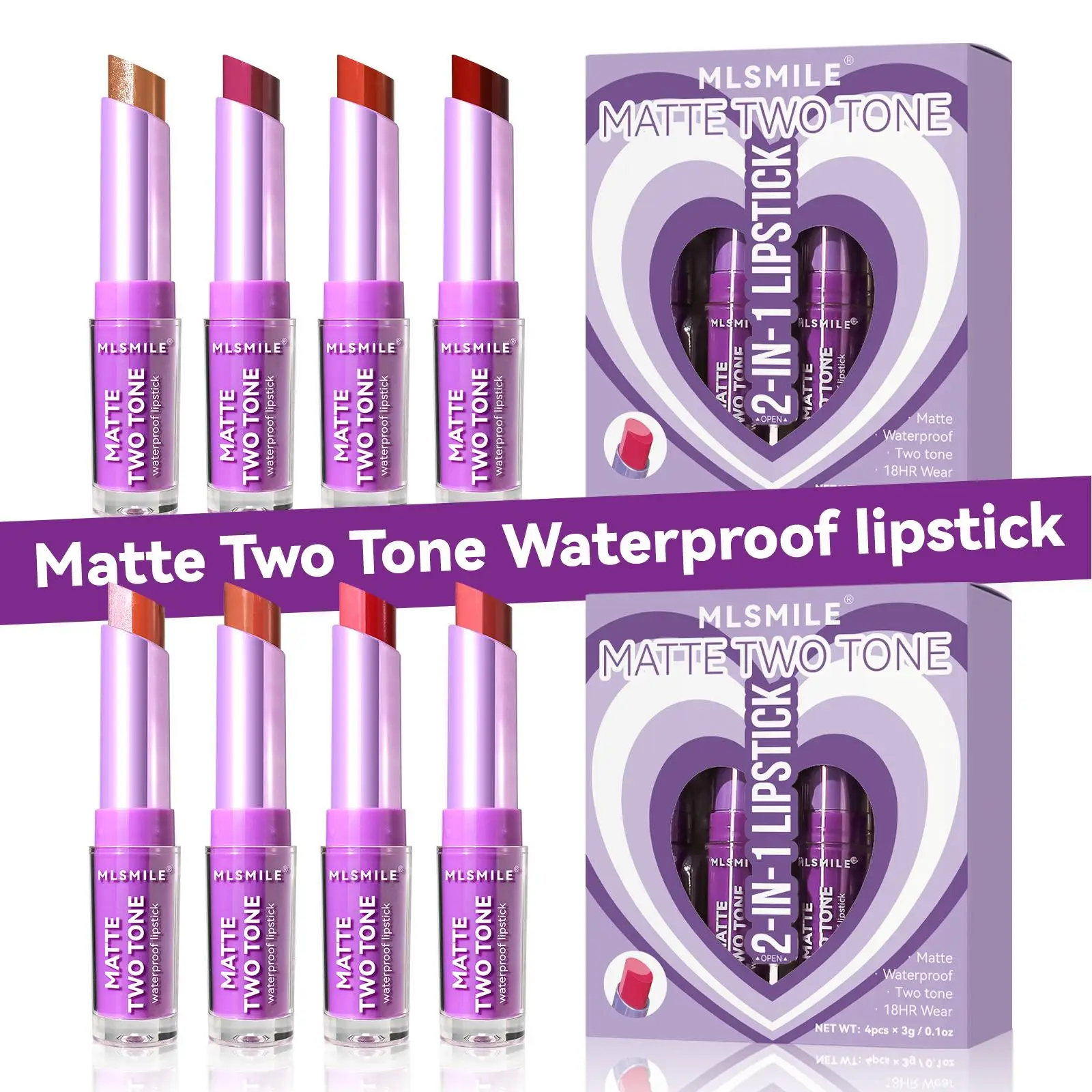 Veelkleurige matte lippenstiftset [4-delig] - Tweekleurige lippenstiften A en B, langdurig en niet plakkerig