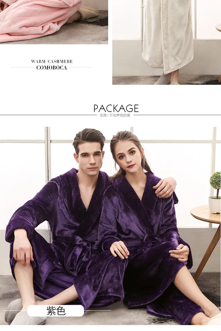 Warmer Winter-Bade- und Schlaf-Loungewear aus weichem Plüsch für Herren, stilvoller, gemütlicher, passender, langer Nerz-Fleece-Patchwork-Bademantel für Paare – Detail 6
