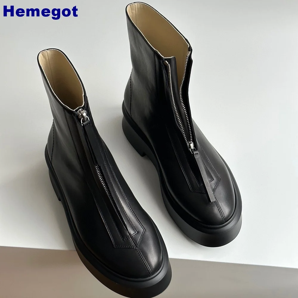 Botas curtas de couro genuíno estilo britânico 2024 primavera ao ar livre casual escritório dedo do pé redondo zip sola grossa botas moda feminina