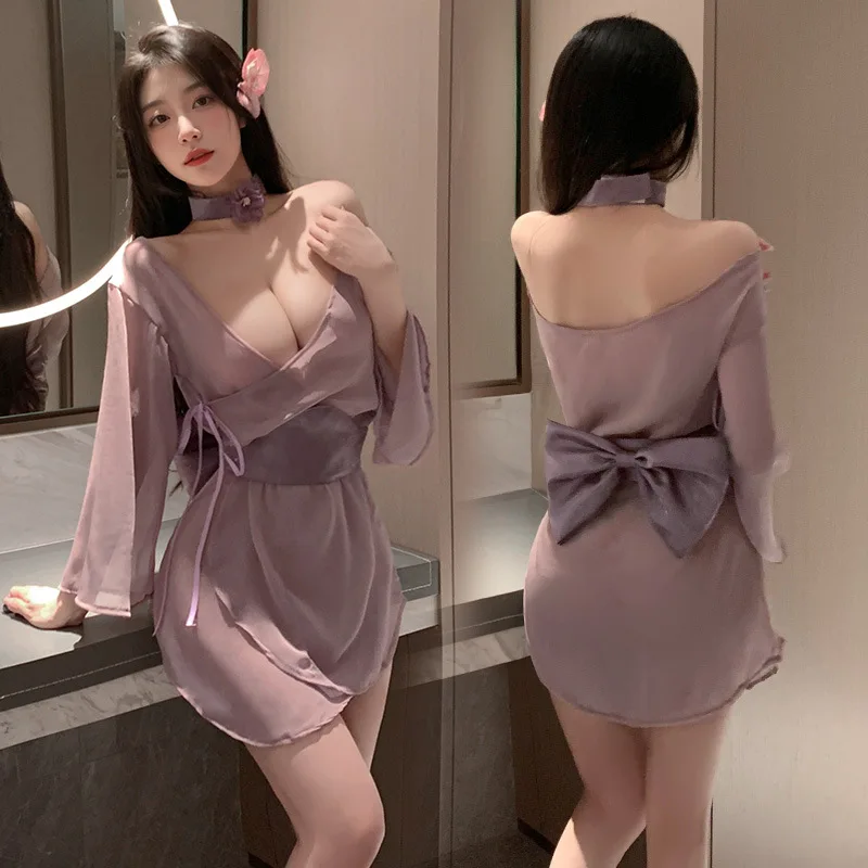 

Japanese Kimono Sexy Cosplay Uniform Soft Silk Bow Belt Purple Traditional Style Costume Pajamas Perspective Porno Underwear Set