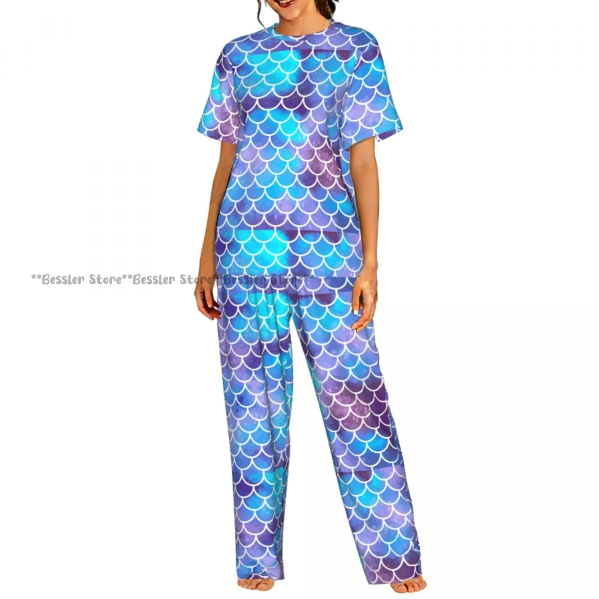 

Women Pajama Sets Lounge Sleepwear Mermaid Scales Watercolor Fish Scales Blue Print Short Sleeve Nightwear