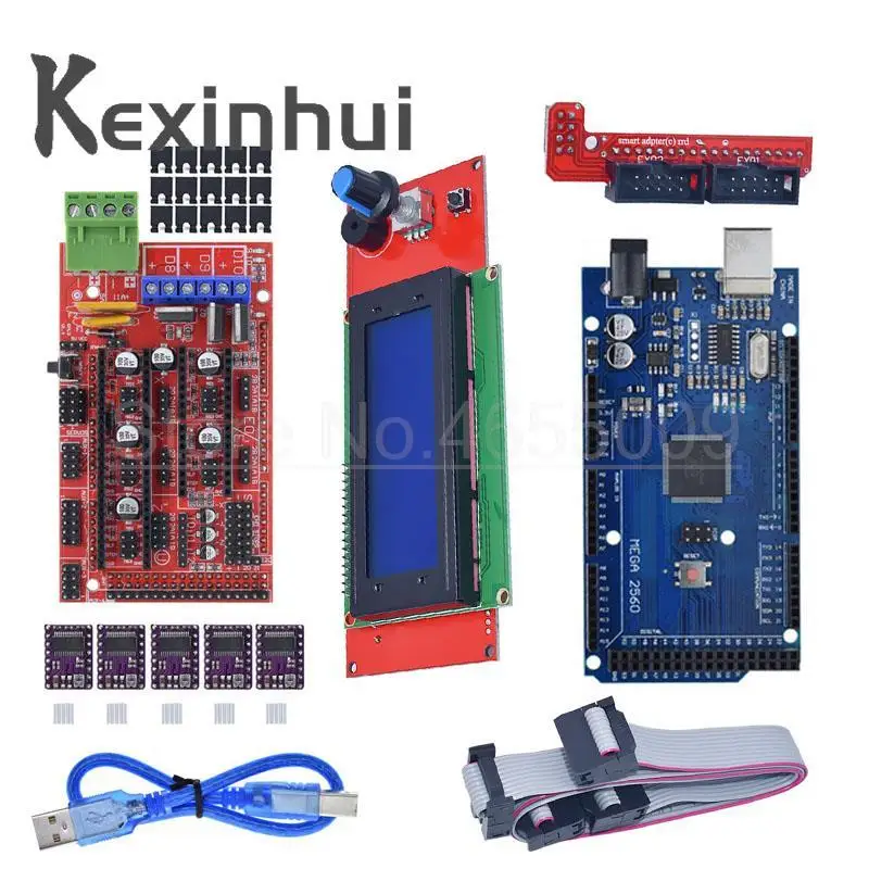 Mega 2560 R3 CH340+1pcs RAMPS 1.4 Controller+5pcs A4988/DRV8825 Stepper Driver Module+1pcs 3D 2004 controller for 3D Printer kit