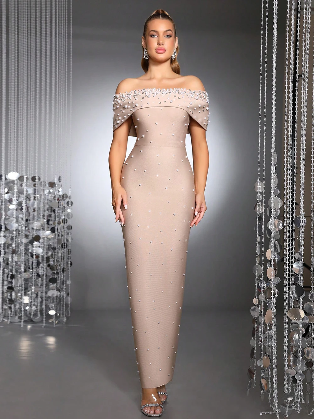 

Modphy женское сексуальное облегающее длинное бандажное платье с открытыми плечами и жемчугом и бриллиантами, вечерние, вечерние, вечерние, день рождения, праздничная одежда