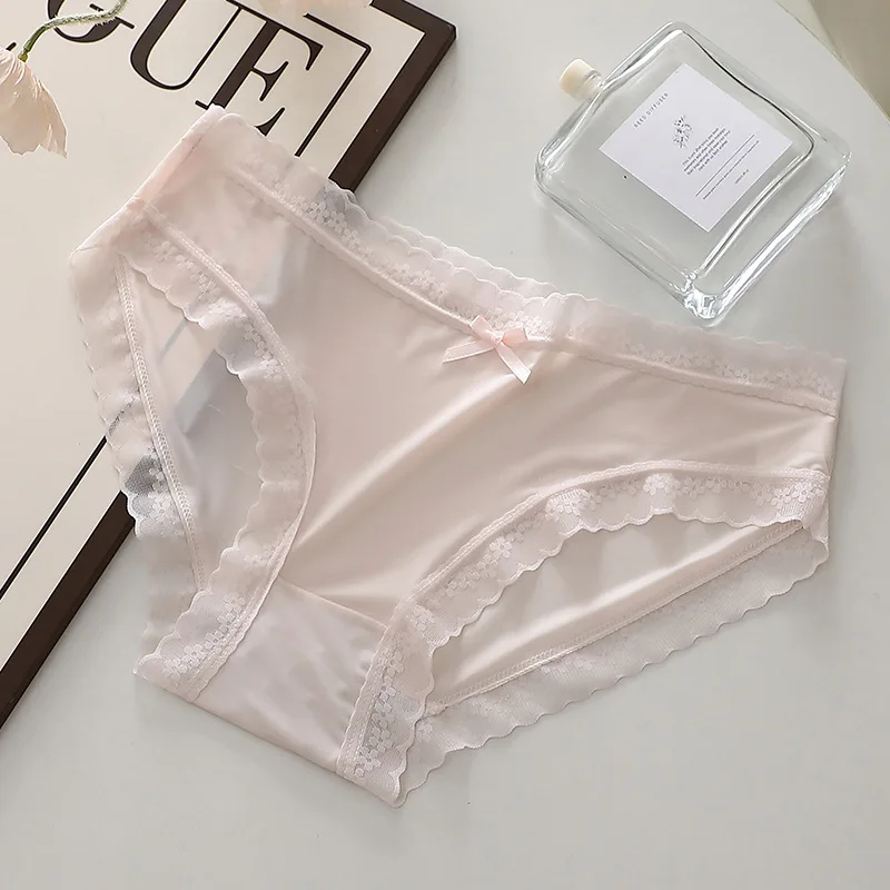 

Women's Summer Ultra-thin Panties Sexy Seamless Underwear Low Waist Breathable Briefs Girls Lace Trim Bow Lingerie