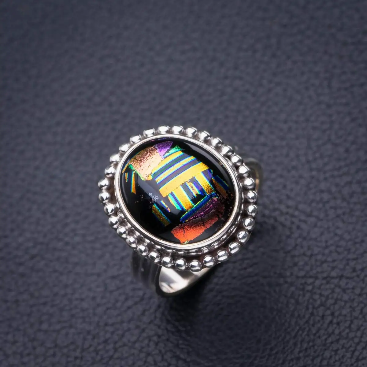 StarGems® Natural Rainbow Dichroic Glass Handmade 925 Sterling Silver Ring 7.5 D5235