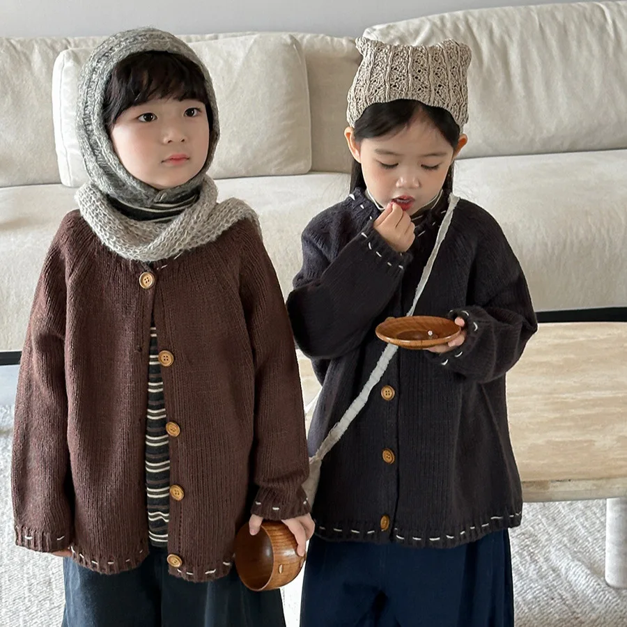 

Fall 2025 Kids Knit Cardigan Sweater Coat Vintage Button Front Open Knitwear for Baby Boys Girls Soft Cotton Casual Outerwear