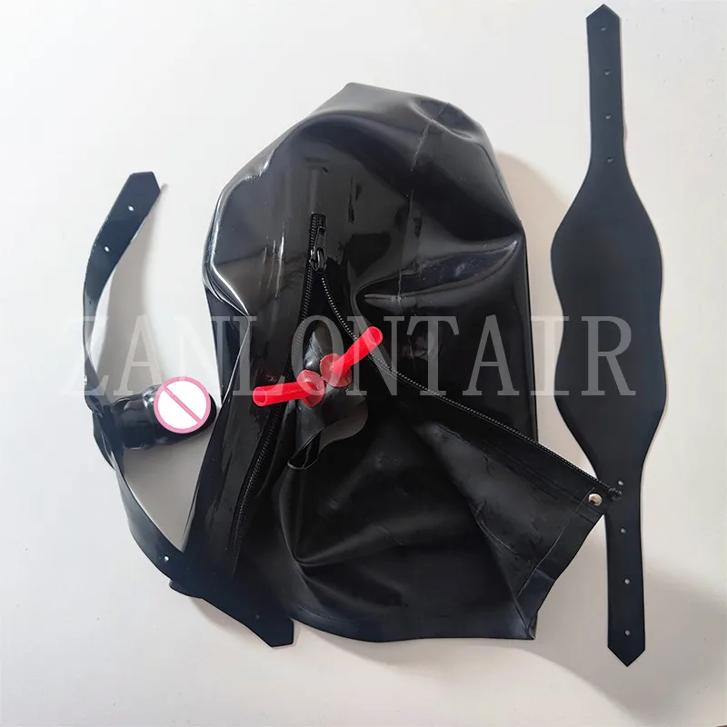 Personal Customize Exotic Latex Rubber Hoods with Nose Tube Mouth Teeth Gag Plug Eyeshade Open Eyes and Mouth Cover Mask Zip