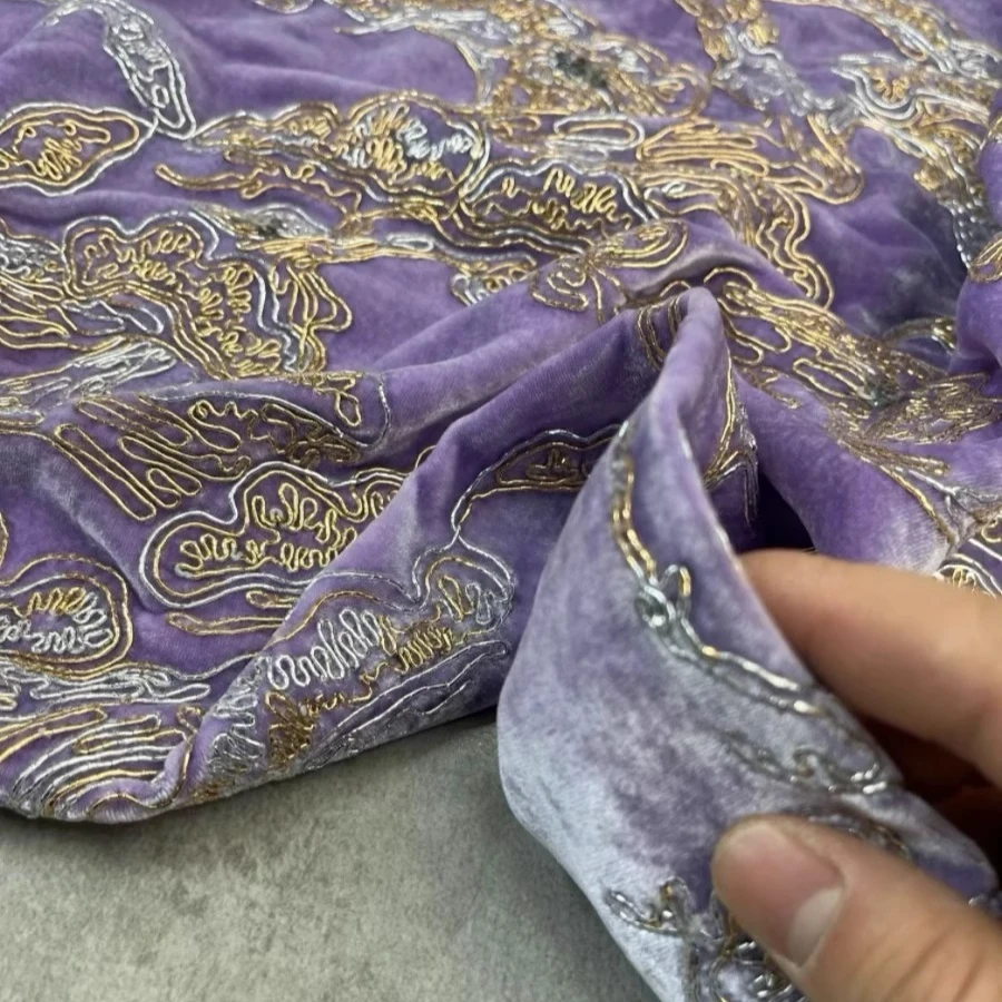 135CM Wide Embroideried Purple Velour Silk Fabric for Spring Autumn Dress Skirt Jacket Velvet Fabric for DIY Sewing R2010