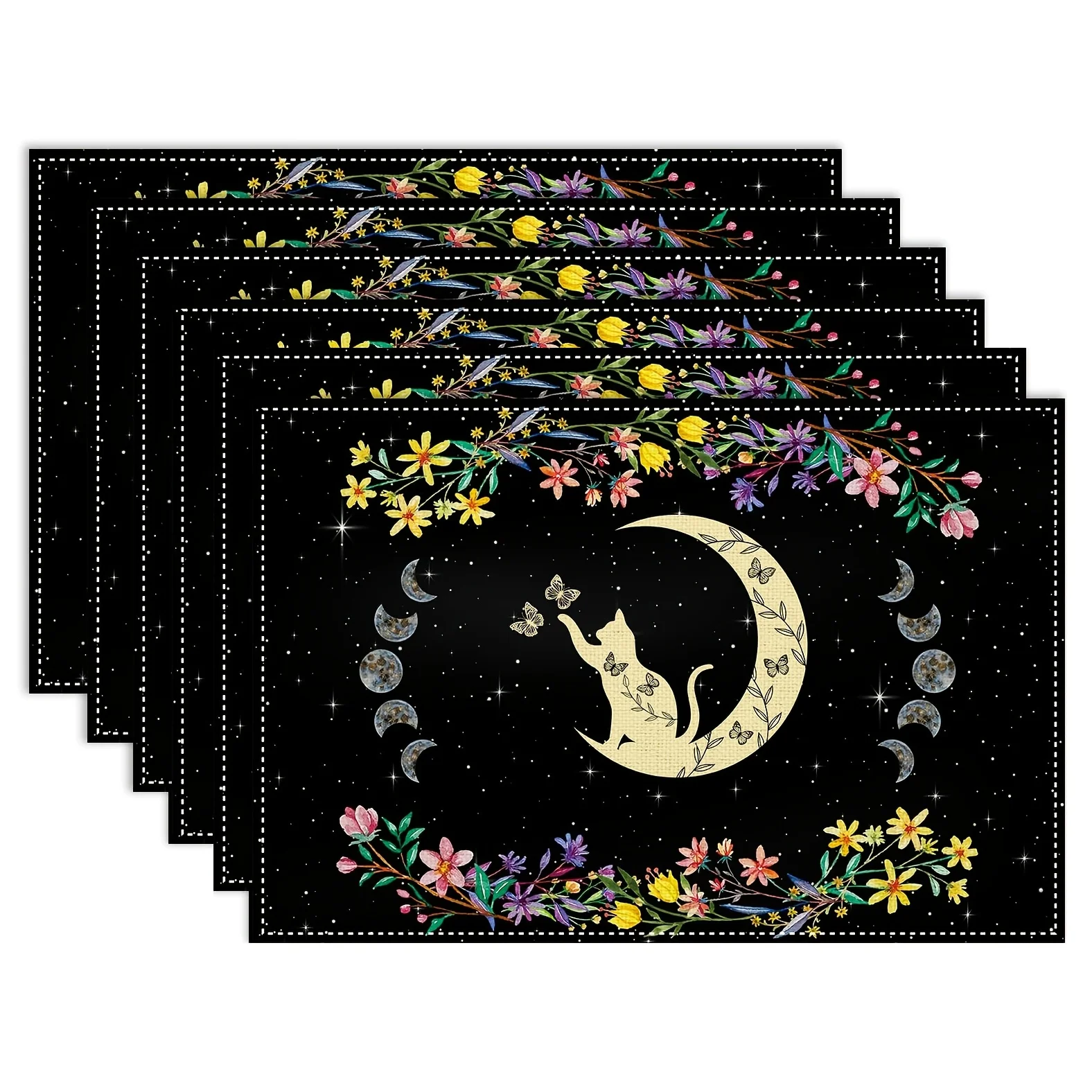Moon Cat Floral Printed Placemats Heat Resistant Bohemian Style Evening Feast Indoor Gathering Weekend Family Meals Table Decor