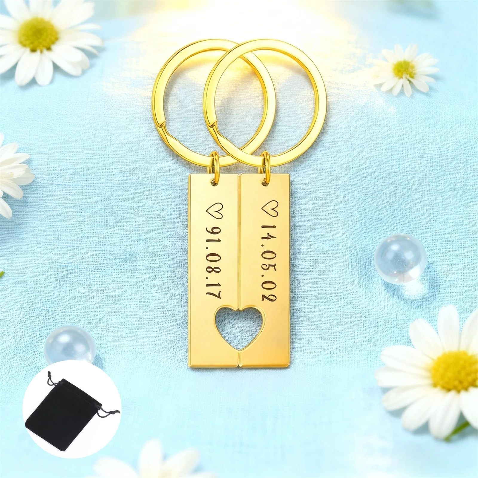 Customized Date Surname Letter Hollow Heart Keychain Stainless Steel Personalized Heart Shaped Couple Keyring Couple Jewelry