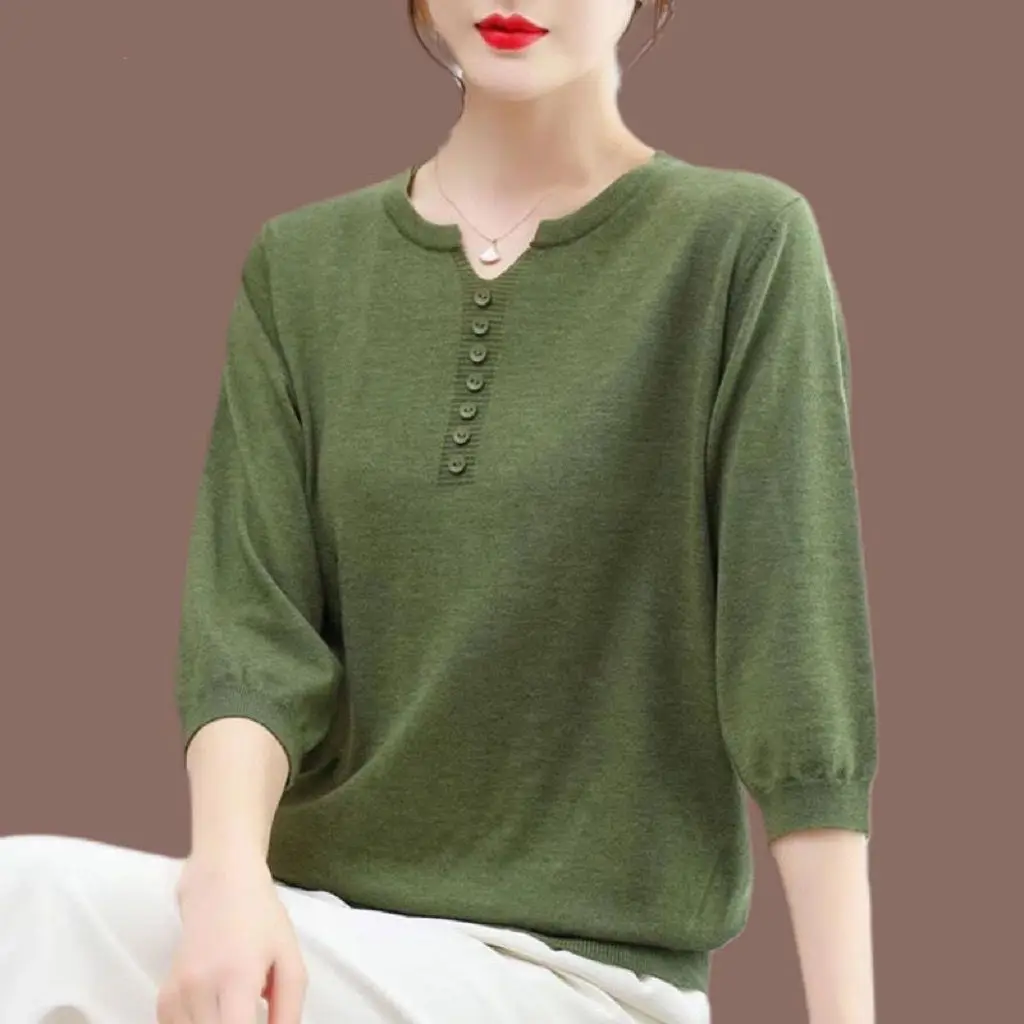 T-shirt in maglia di grandi dimensioni da donna di moda coreana abbigliamento femminile primavera estate 3/4 t-shirt Pullover con maniche allentate