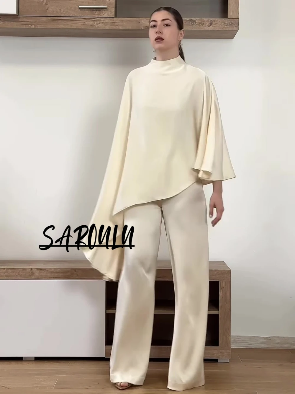 

Elegant Ivory Satin Two Piece Set High Neck Cape Sleeve Blouse Wide Leg Pants Formal Party Outfit For Women New Arrival