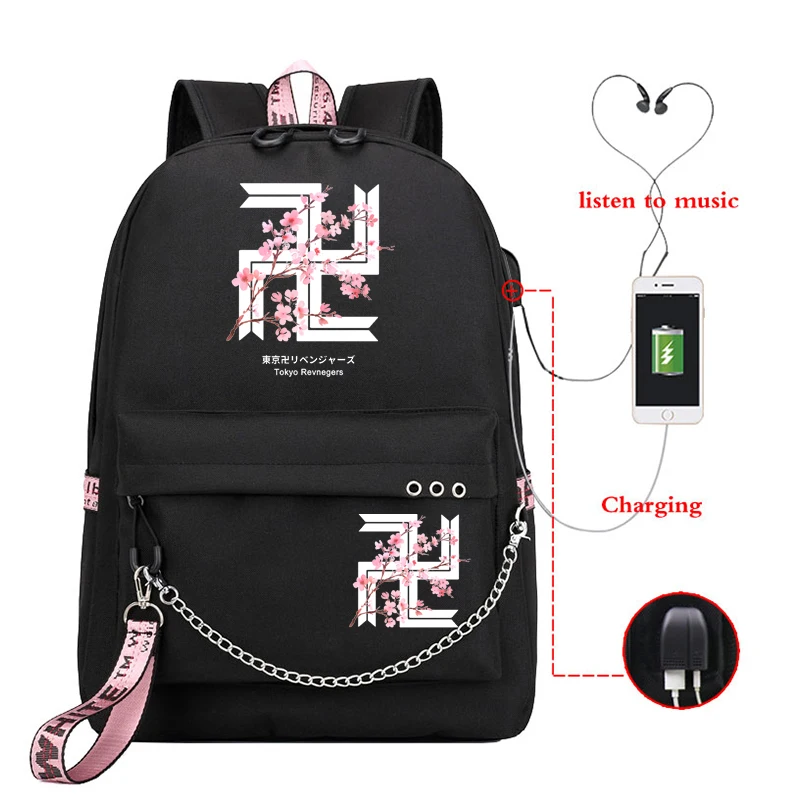 Girls School Bag Tokyo Revengers Cherry Blossom Anime Bookbag Backpack Usb Charging Teenager Girl Manga Schoolbag Mochilas