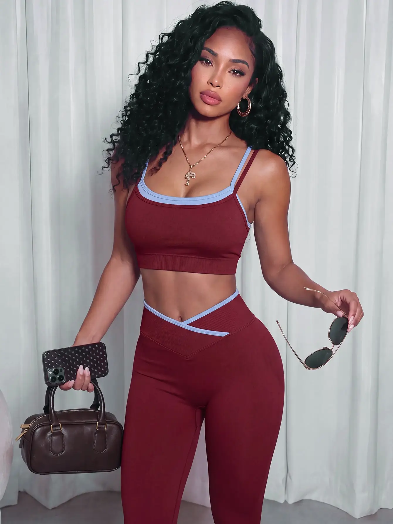 Nahtloses Yoga-Set für Damen, 2-teilig, Sport-BH, High-Waist-Leggings, verstellbare Träger, V-Taille, Po-Lifting, Workout – Detail 10