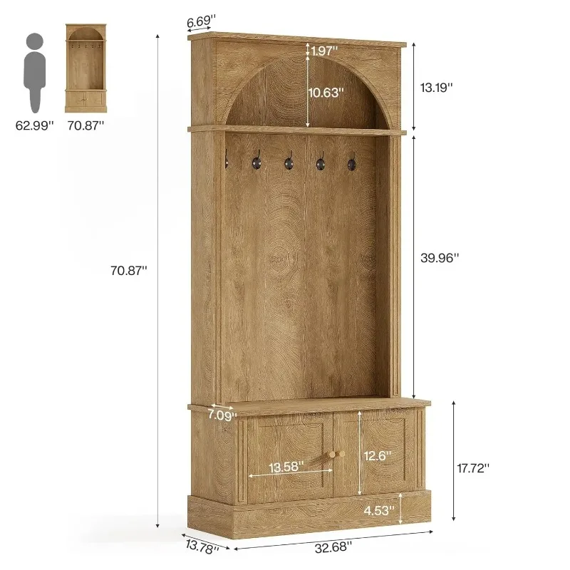 Hall Tree with Bench and Shoe Storage, 4-in-1 Design Entryway Bench with Coat Rack, 70.86