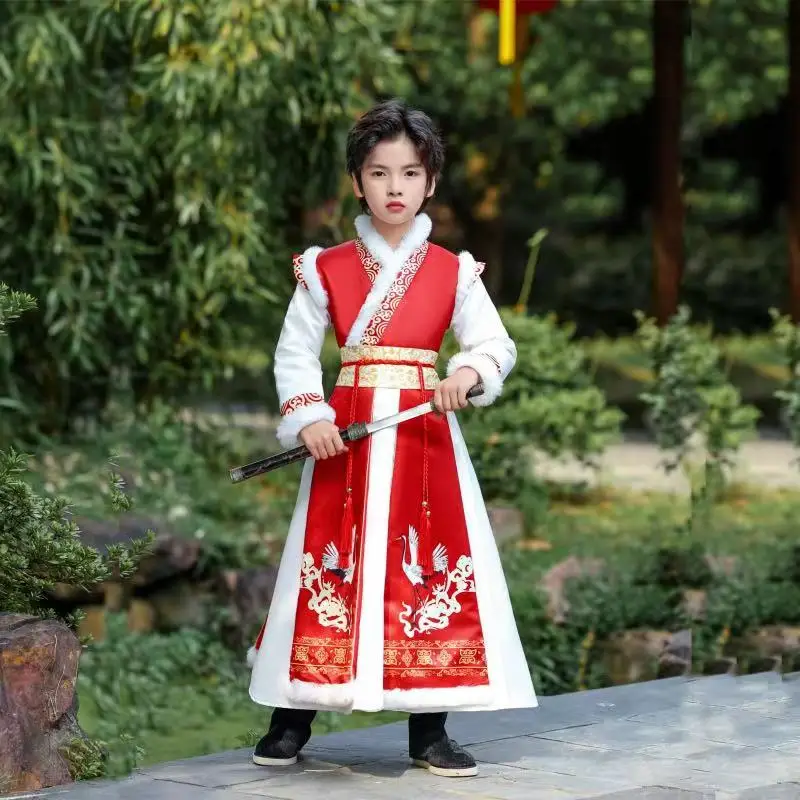 

2025 New Boys Hanfu Dress Thicken Traditional Kids Tang Costume Vintage Fashion Festive New Year Knight Cosplay Garment Winter