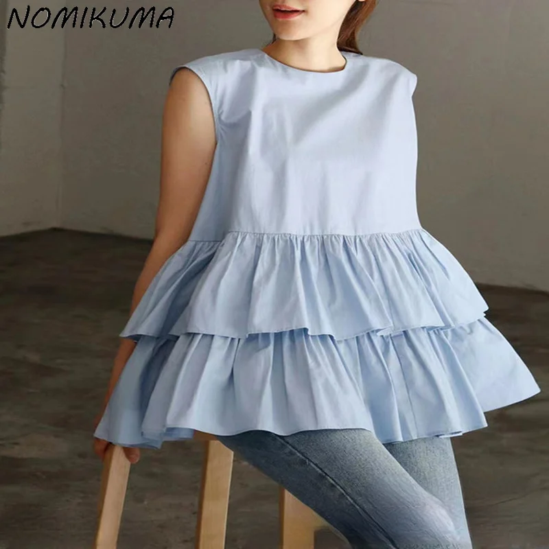 Nomikuma Women Japan Style Sleeveless Ruffle Doll Shirt Causal 2023 Summer Blusas Top Femme Chic Sweet Fashion Ladies Tops Mujer