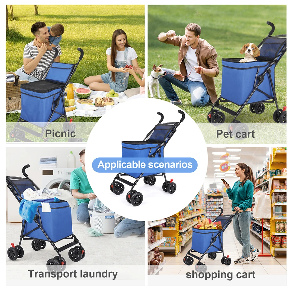 Folding Shopping Cart with Wheels 360 Degree Rolling Swivel Grocery Cart with Removable Shopping Cart Pet Stroller