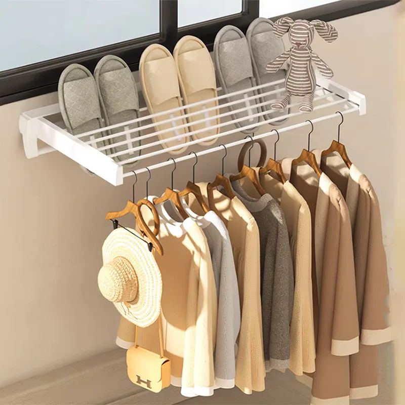 Modern Minimalism Folding Rack Clothes Laundry Rack Collapsible Wall Mounted Hanger 7 Drying Rods Shelf