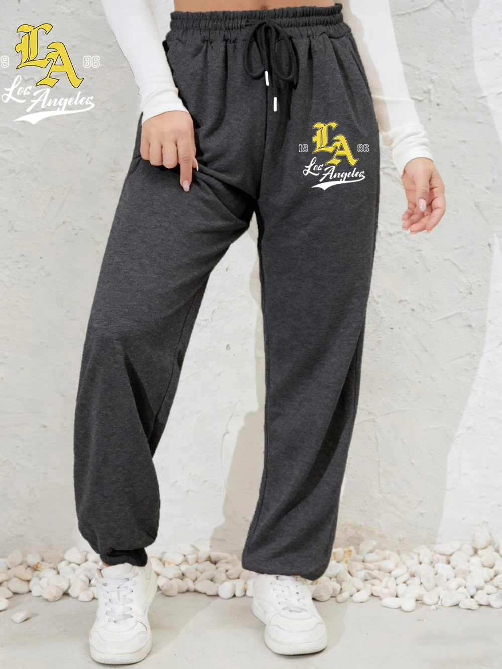 1986 Los Angeles Impresso Sweatpants Mulheres Bolso Calças Esportivas All-Match Confortável Cintura Elástica Calças Moda Mulher Roupas