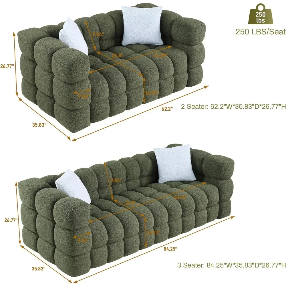 2 Piece Boucle Sofa Couch Set, Comfy Upholstered Sherpa Deep Seat Cloud Couch and Loveseat, Modern Tufted 3 Seater and 2 Seater