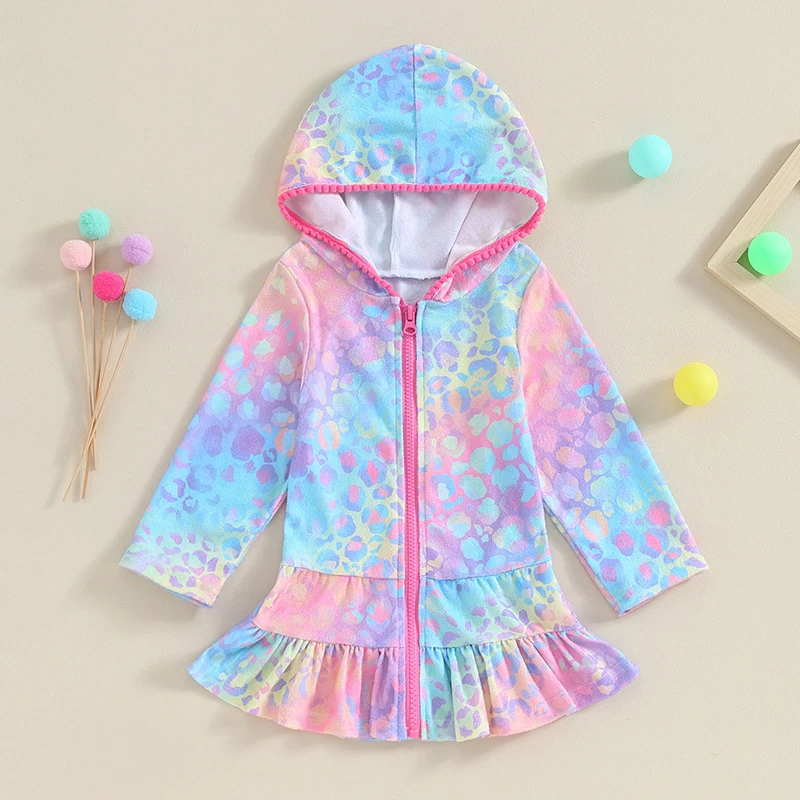 Girls Swim Cover Up Kids Hooded Zip-Up Terry Swimsuit Coverup Towel Bathing Suit Bathrobe Pool Swim Beach Robe Dress