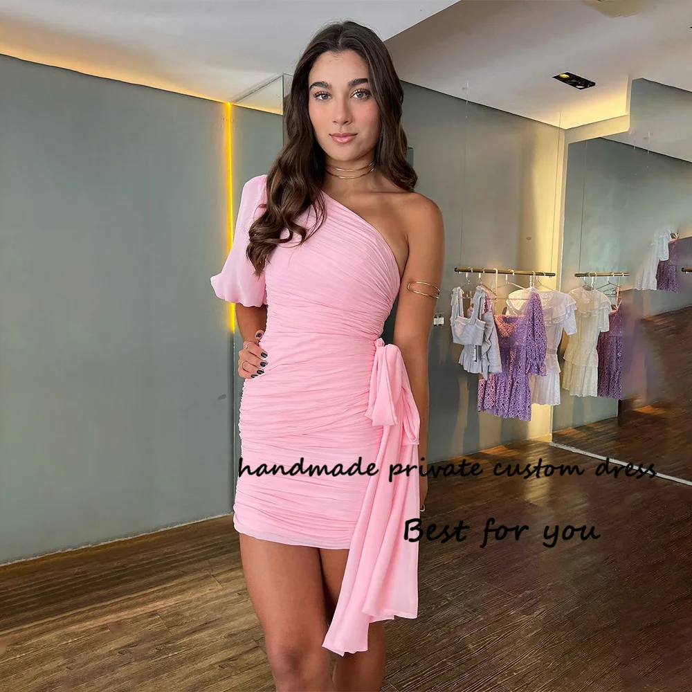 

Pink Short Prom Dresses for Teens One Shoulder Pleats Chiffon Evening Party Dress Above Knee Homecoming Dress