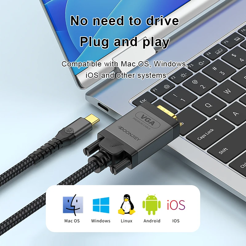 2m USB C To VGA Cable HD1080P Type C Male to VGA Male Converter Adapter Gold-Plated Nylon Braid For iPhone Xiaomi Laptop Monitor