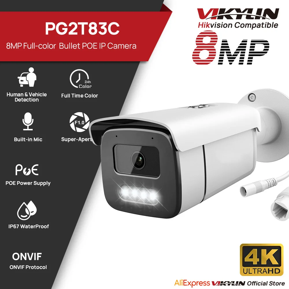 Caméra IP Bullet Vikylin 8MP Vision Nocturne Couleur Détection Humaine et Véhicule Surveillance Vidéo Extérieure Caméra POE IP67