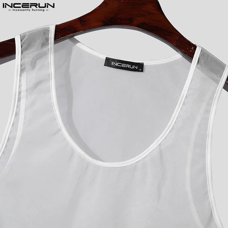 INCERUN Men Tank Tops Mesh Transparent Solid Color O-neck Sleeveless Vests Streetwear 2024 Summer Fashion Men Clothing S-5XL