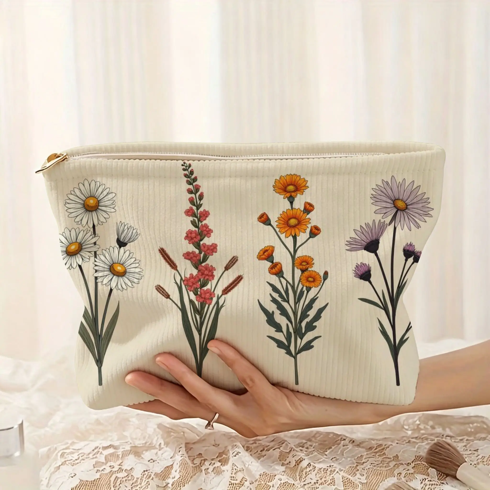 Corduroy Makeup Bag - Large Capacity Zipper Pouch with Soft Corduroy & Wildflower Print, Suitable for Women Girls Organizer Case