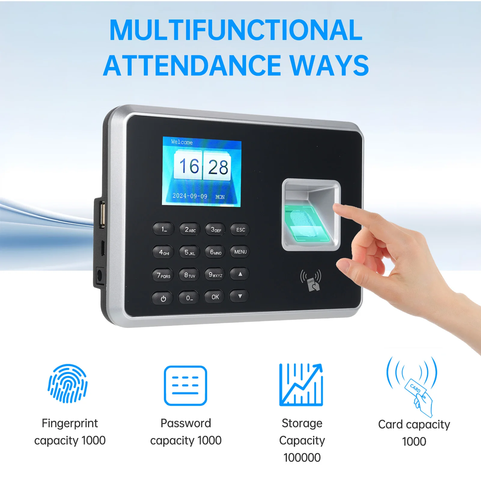 Biometric Time Clock Attendance Machine for Employees Biometric In and Out Punching Support 1000pcs Fingerprint Recognition