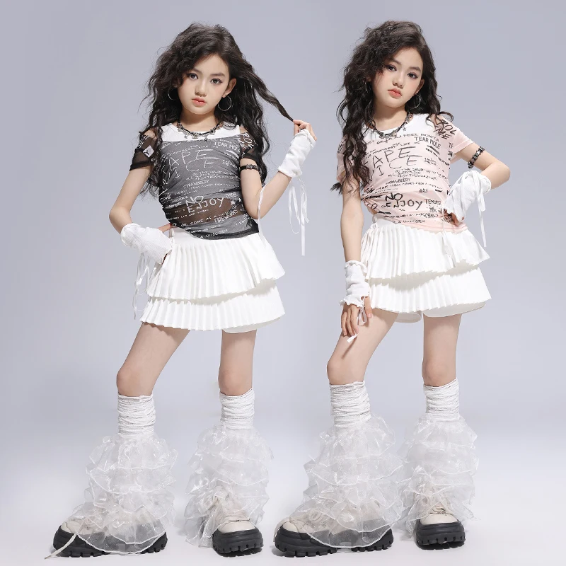 Hip Hop Girls K-pop Mesh Crop Top Shirt Street Dance Tiered Skirts Kids Streetwear Child Jazz Costume Girl Group Clothes Sets
