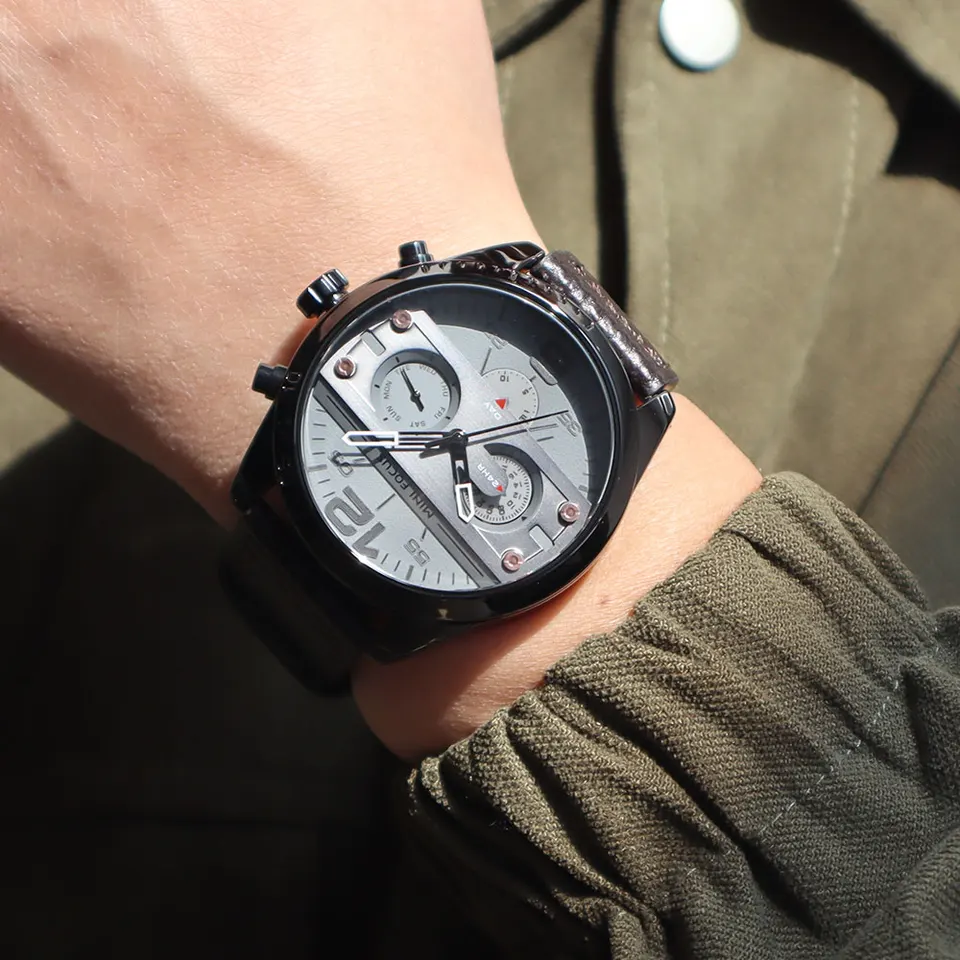 MINI FOCUS Men's Army Sports Quartz Watches Leather Strap Calendar