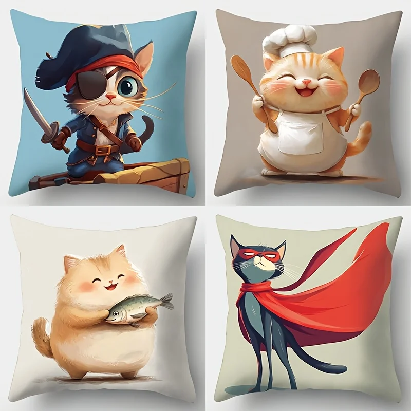 4pcs Modern cute cat patterns Single-sided printing Short plush Suitable living rooms bedrooms sofas (excluding pillow cores)