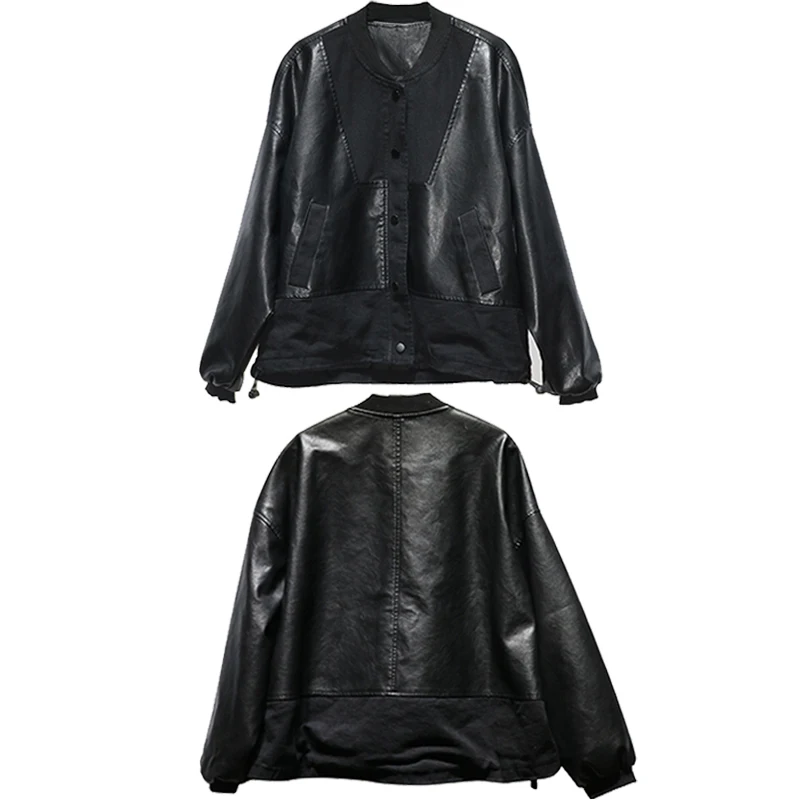 Masss Wasss Korean Winter Womens Fashion Vintage Casual Pu Jackets Biker Outerwear Ladies Oversized Patchwork Faux Leather Coats