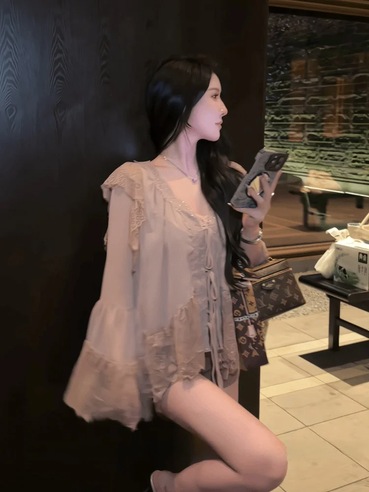 

Ele V-ne Lace irt Women's Autumn Winter High Design Unique Beautiful Asymmetric Top Loose Fit Long Sve Pure Color