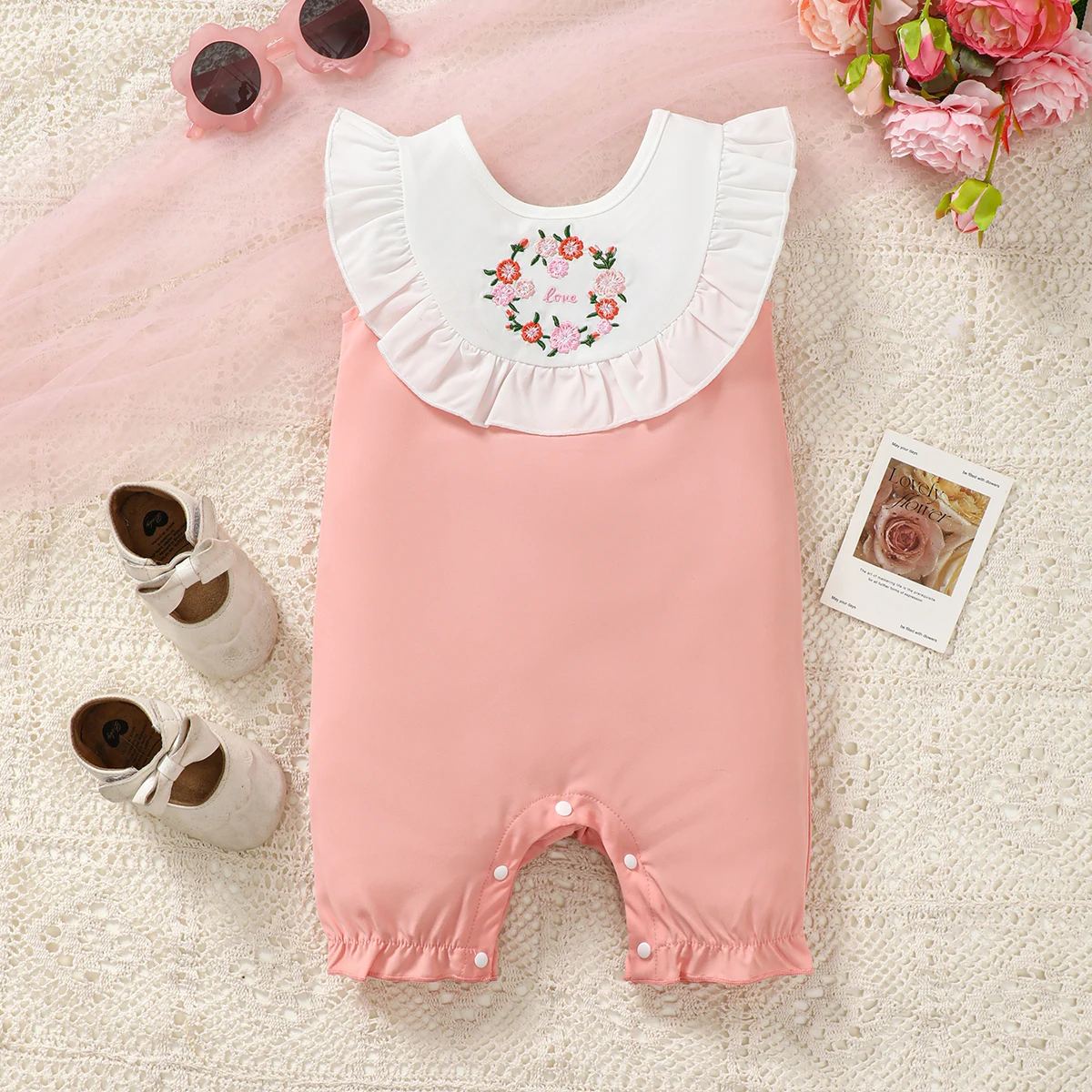 Newborn Cute Baby Girl Lace Embroidered Sleeveless Bodysuit 0-1 Year Old Baby Girl Summer Bodysuit Suitable for Daily Baby Wear