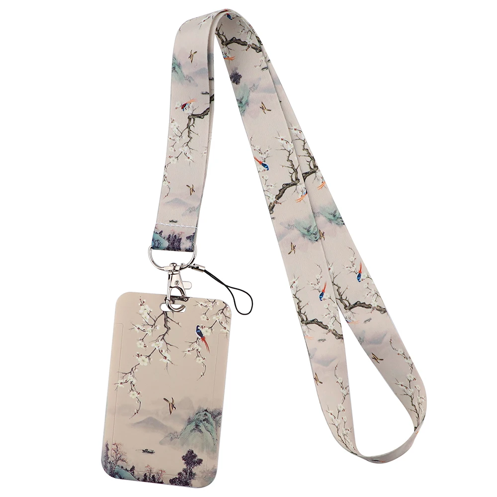 Chinese Style Ink Painting Plum Blossom Lanyards Keys chain ID Card Cover Pass Mobile Phone Badge Holder Neck Straps Accessories