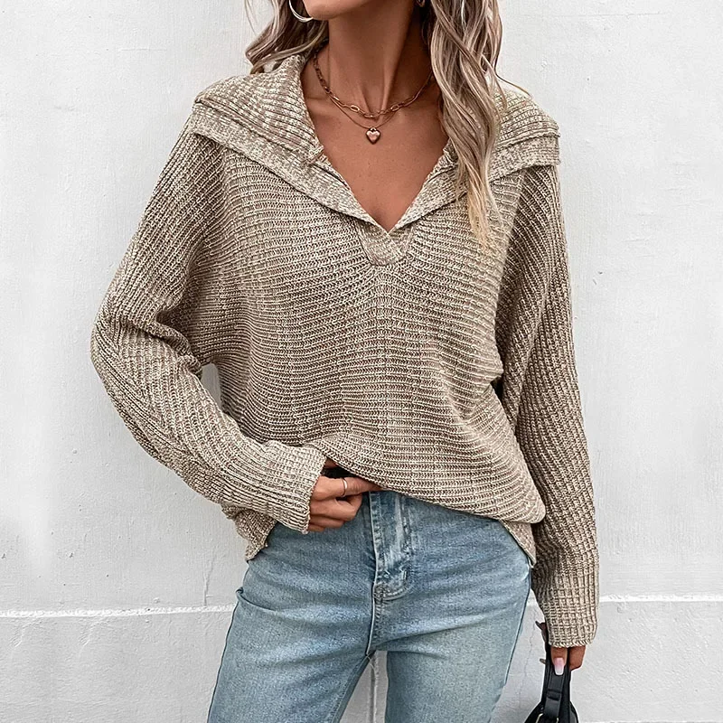 

Fashion Women's Autumn Winter New Classic Khaki Solid Color Casual Long Sleeve Lapel Sweater Sweater Women Top