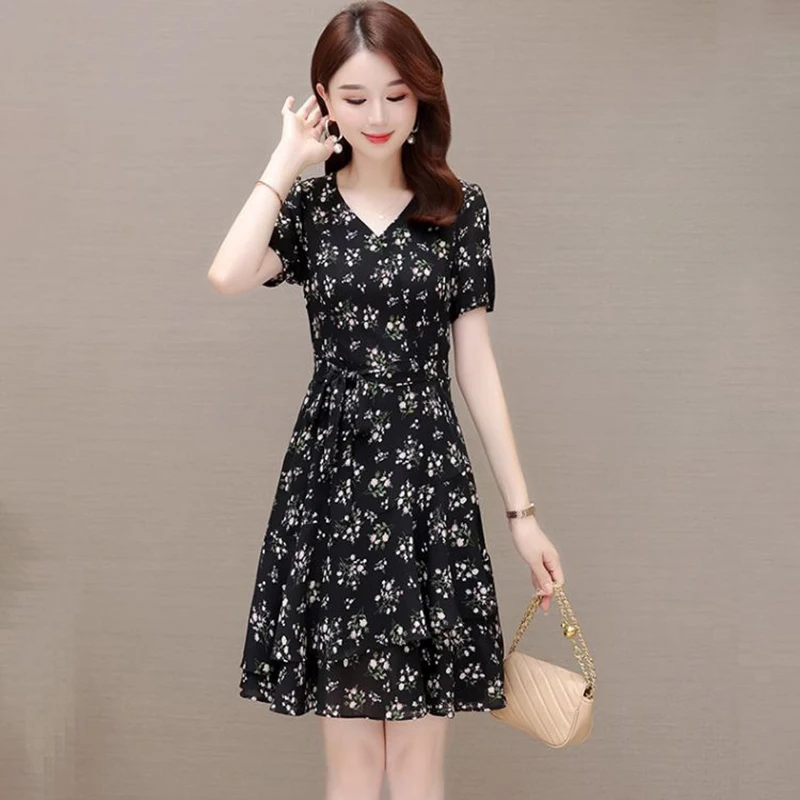 Elegant V-Neck Printed Spliced Ruffles Bandage Floral Dress Women's Clothing 2025 Summer New Loose Office Lady Prom Dresses