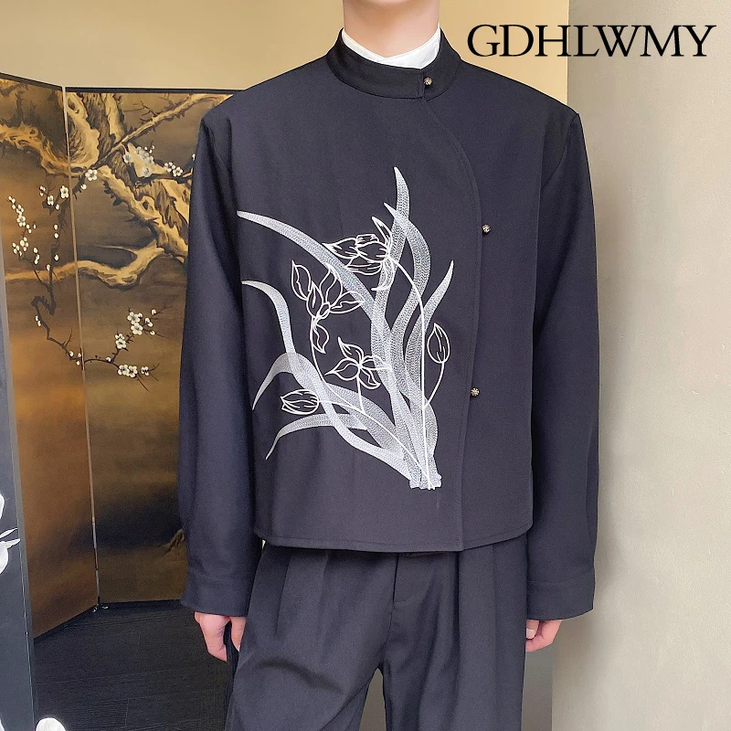 GDHLWMY Autumn style Chinese stand up collar embroidered Zen style black short jacket men's and women's loose long sleeved shirt