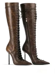 Spring/Summer New Lace Up Short Cool Boots Side Zipper Banquet Slimming High Heels Sexy Knee Length Women's Boots