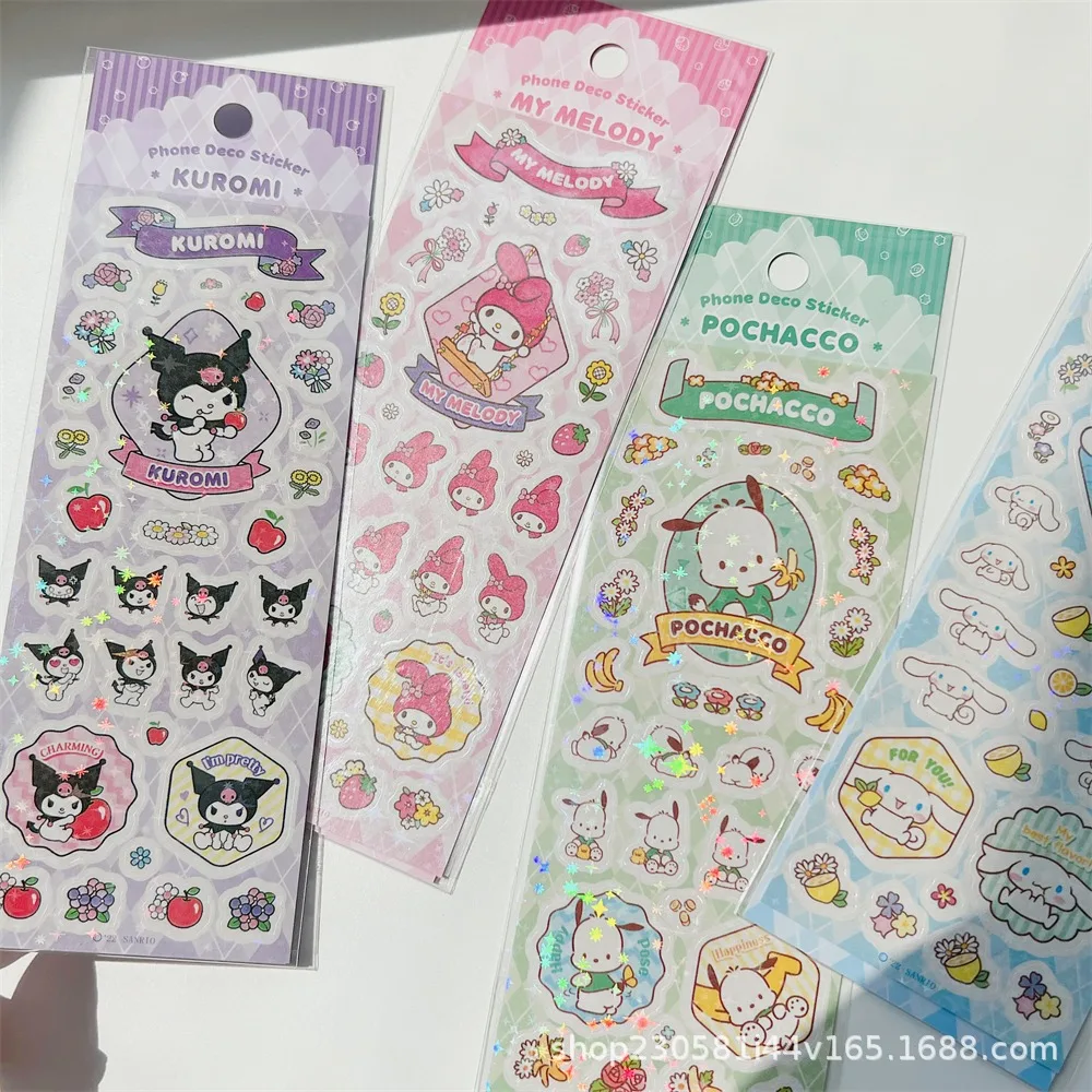 7 Stück niedliche Cartoon-Laser-Aufkleber, Hello Kitty, My Melody, Pochacco, Cinnamoroll, Kuromi, selbstklebend, DIY, Tagebuch, Sammelalbum, Telefondekoration – Detail 12
