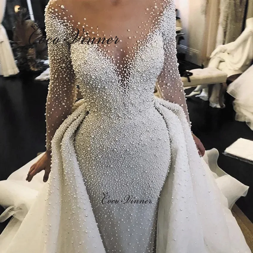 

Свадебные платья с прозрачным вырезом и длинными рукавами, украшенные жемчугом и бисером, 2 в 1, роскошное свадебное платье русалки со съемным шлейфом W1435