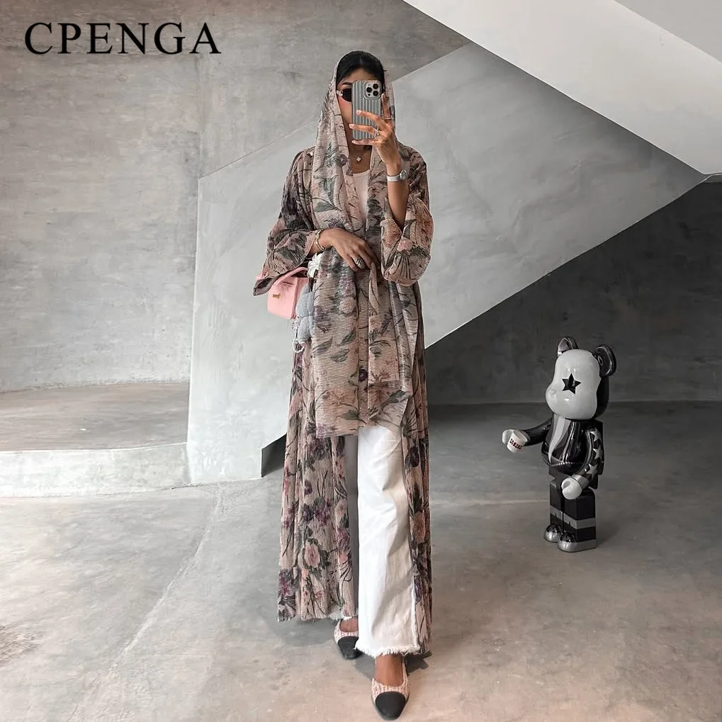 Abito Abaya Dubai stampato a pieghe Ramadan con Hijab Cardigan da donna musulmana in due pezzi Abito da vacanza islamico Caftano turco