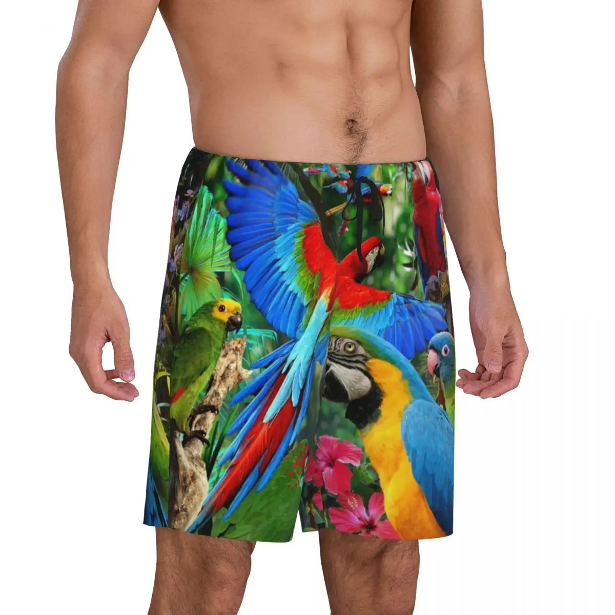 Pantalones cortos de pijama de loros tropicales personalizados, ropa de dormir elástica con bolsillos, cacatúa, guacamayo, pantalones cortos para dormir