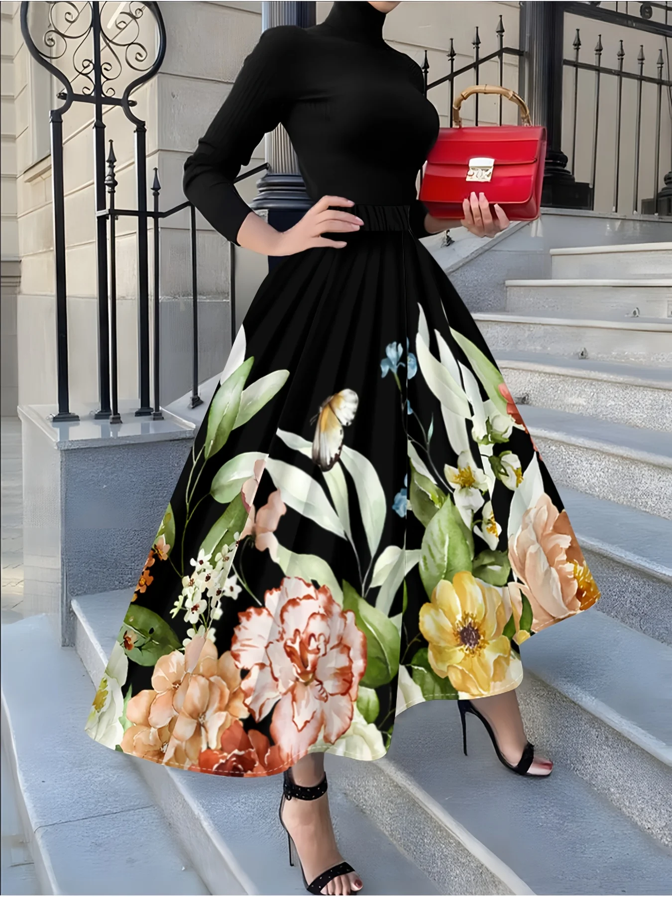 Women's Elegant Floral Watercolor Butterfly Print Midi Skirt for Spring Summer Fashion Trendy A Line High Waist Casual Office